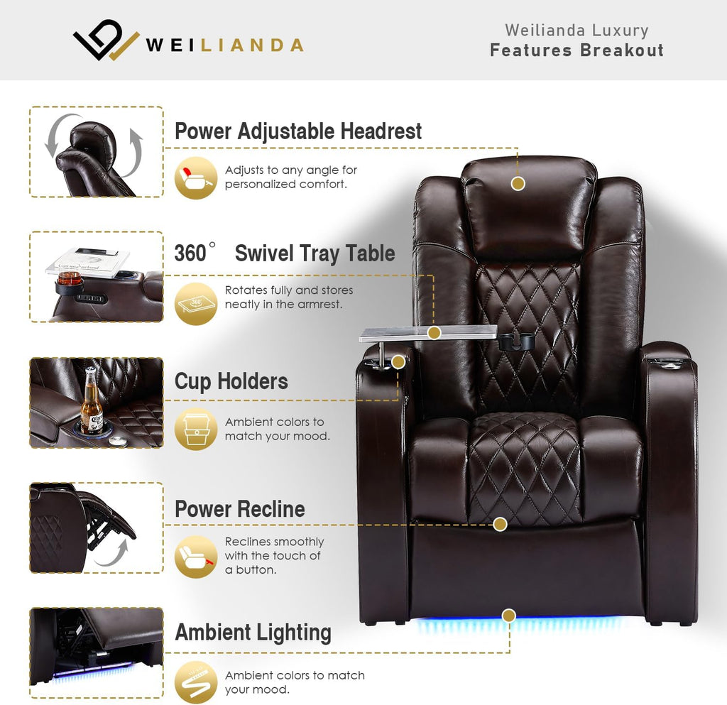 Weilianda Home Theater Seating Top Grain Leather Zero Gravity Recliner Chair Power Headrest Recline Movie Seat Gaming 7 Colors Mood Light Sofa with Tray Table USB Charge Row of 1 Brown