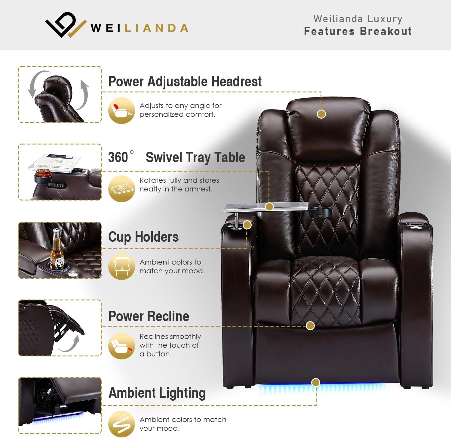 Weilianda Home Theater Seating Top Grain Leather Zero Gravity Recliner Chair Power Headrest Recline Movie Seat Gaming 7 Colors Mood Light Sofa with Tray Table USB Charge Row of 1 Brown