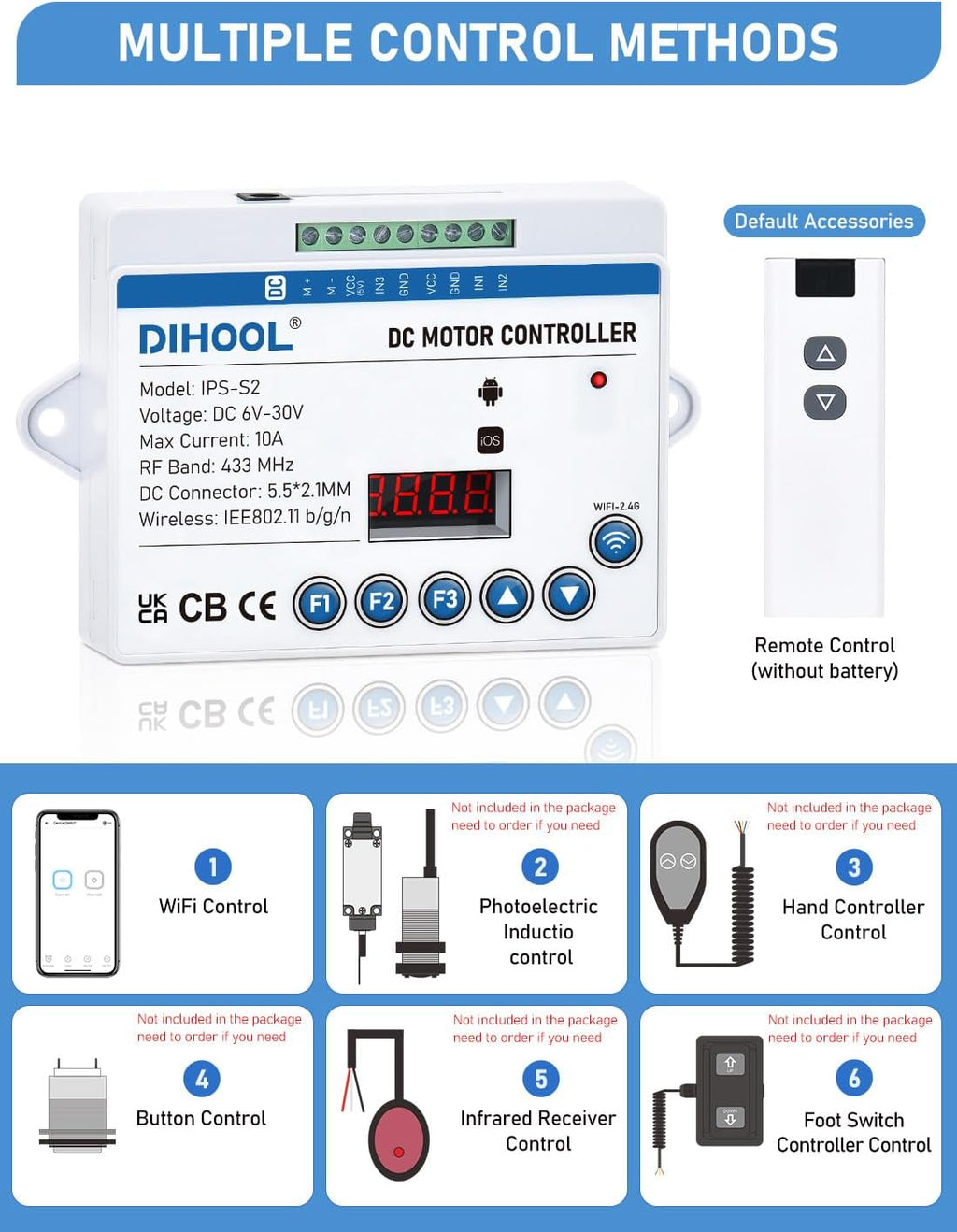 DIHOOL Electric Linear Actuator Controller with Current Limit, WiFi and Timer, Smart eWeLink Control, Remote Wireless 12V 24V DC Motor Controller, Rebound When Obstacles Protection, Load Safety