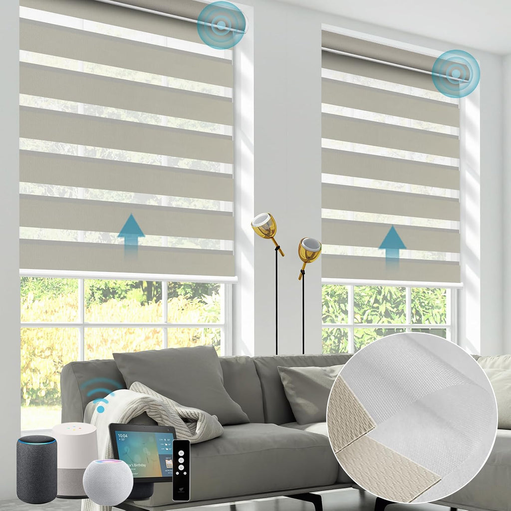SmartWings Motorized Zebra Shades with Valance Work with Homekit Thread Alexa Z-Wave Smart Dual Layer Shades with Remote Control, Automatic Horizontal Window Blind, 90% Blackout 95mm Astrid Beige