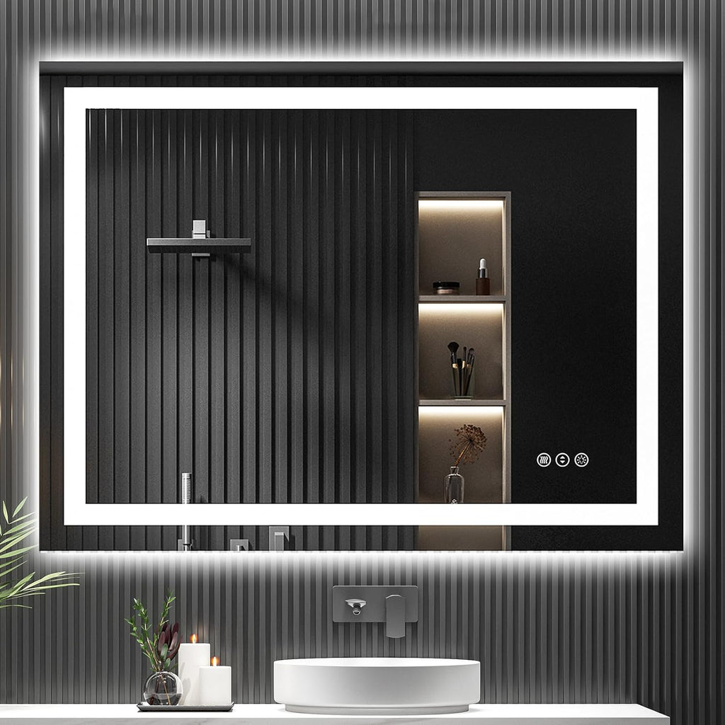 48x36 Inch LED Bathroom Mirror with Lights Front and Backlit Lighted Vanity Mirror for Bathroom Wall with 3 Colors Dimmable Anti-Fog Memory Shatter-Proof IP54 Waterproof Horizontal/Vertical
