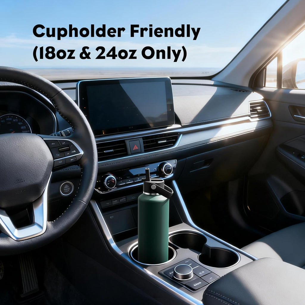 POWCAN 24 oz Water Bottle Insulated: BPA-Free, Leakproof Lid with Straw, Lightweight, Flex Cap, Stainless Steel Water Bottle for Sport, Hikig, Office, Commute, Worker, Walking, Cycling (Fir Green)