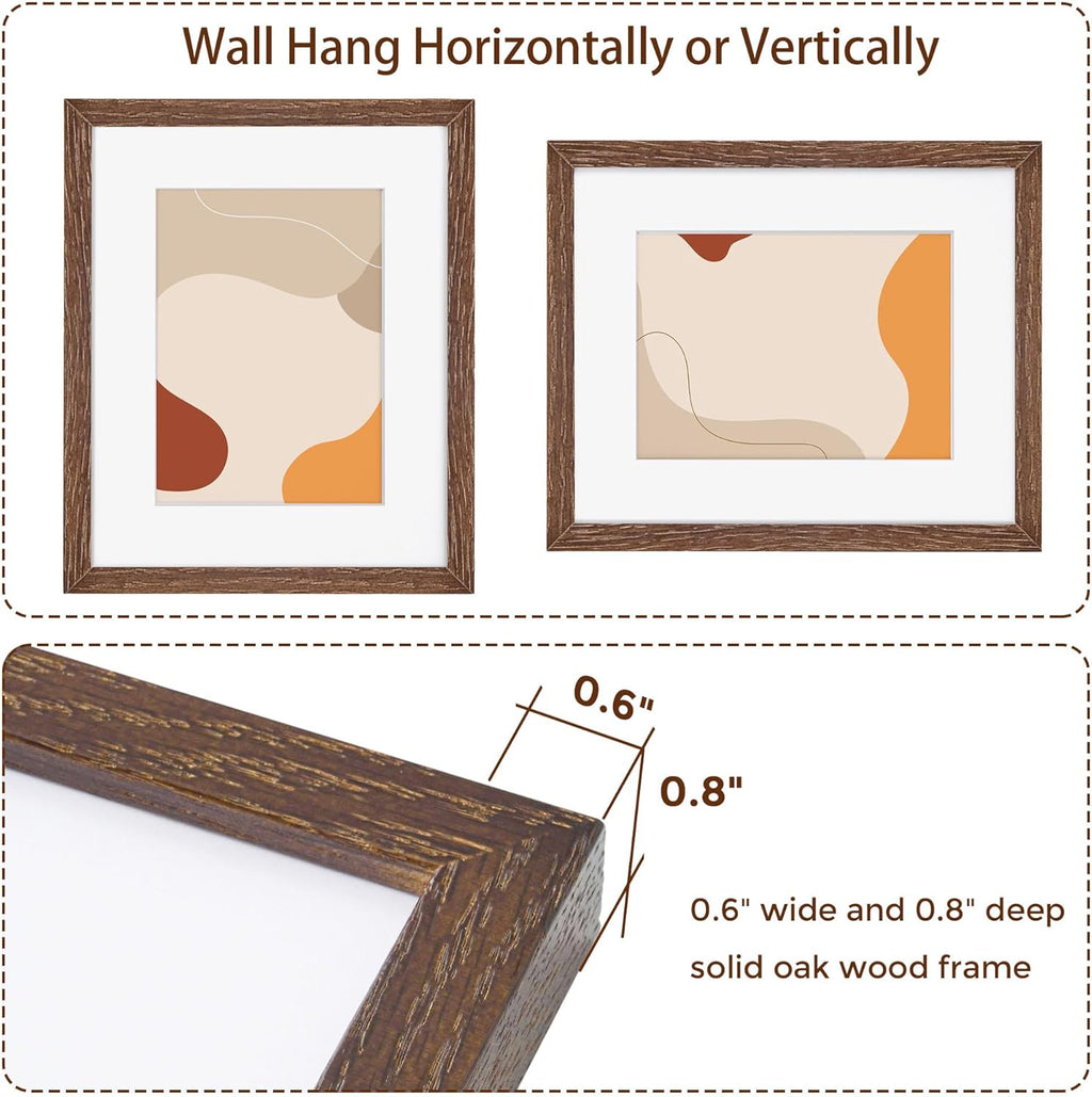 Fun Memories 8x10 Oak Wood Picture Frame Set of 3, 10 x 8 Frame Wood for Wall & Tabletop, Display 5x7 with Mat or 8 x 10 without Mat, 8x10 Natural Wood Photo Frames with Real Glass, Walnut Color