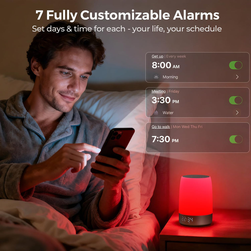 Smart Red Light Therapy Lamp & Sleep Sound Machine for Bedroom with Alarm Clock, Night Light with App Control, 5-Level Red Light (620–690nm), 32 White Noises, Custom Timer, 2600mAh Battery, 7 Alarms