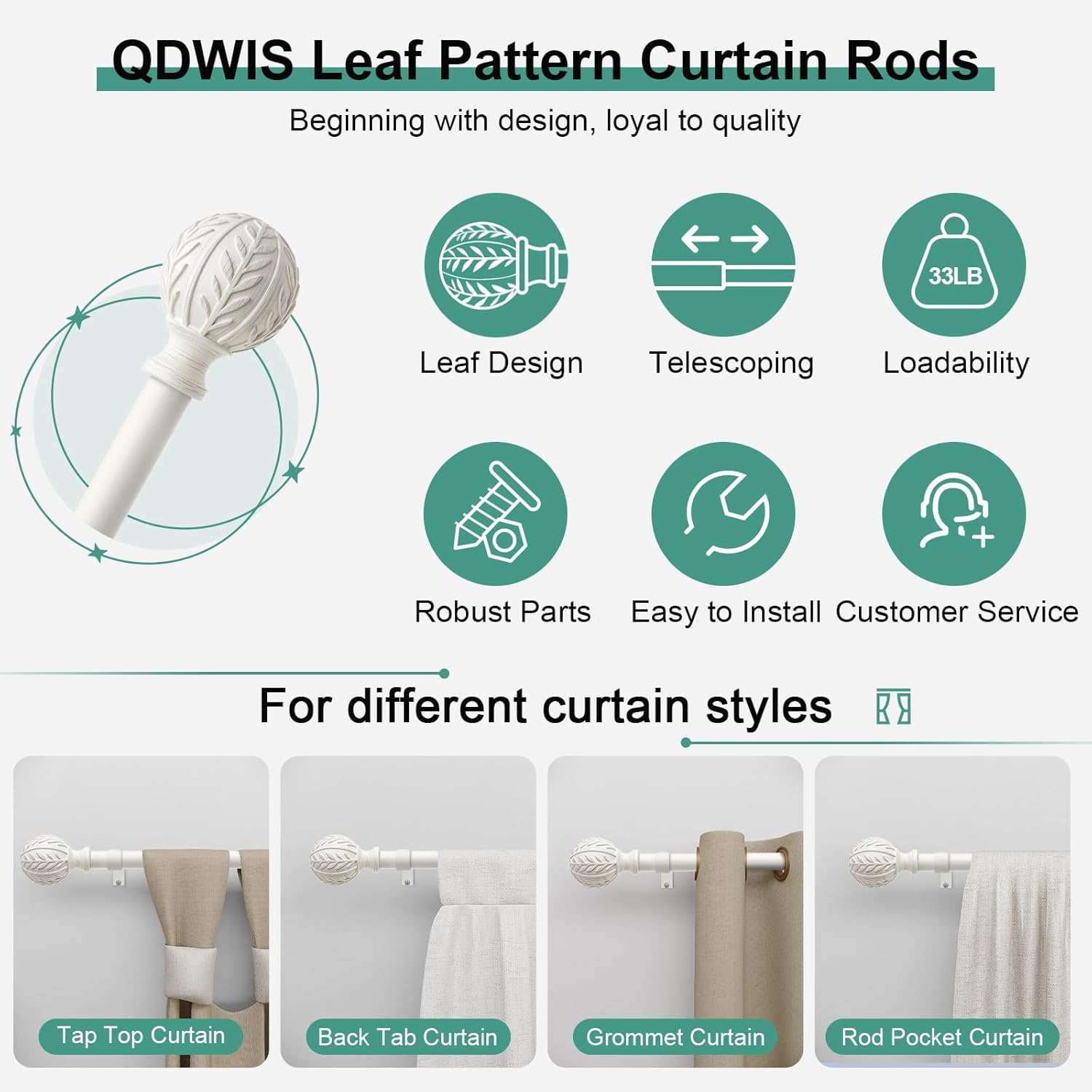 Antique White Curtain Rods for Windows 66 to 120 inch,1" Adjustable Heavy Duty Window Curtain Rod Leaf Finials,Rustic Decorative Drapery Rods Set,Size:36-120''