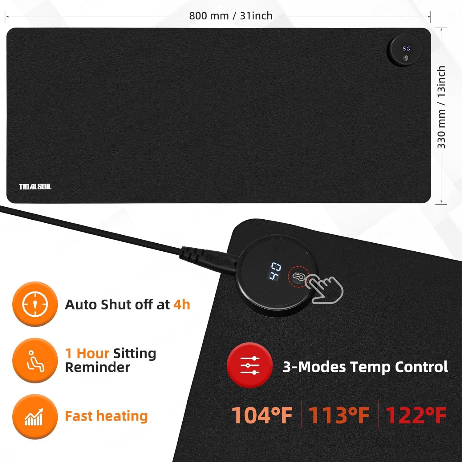 Heated Desk Pad, 31.5"×13" PU Leather Mouse Mat with Digital Temp Display, 3-Level 122℉ Warmth, 4H Auto Shut-Off, Waterproof Non-Slip Office & Home Heating Mat