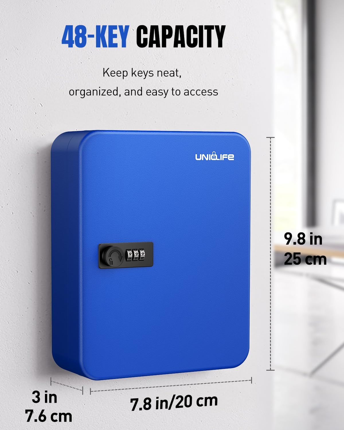 Uniclife 48 Keys Lock Box for Keys with Code, Wall Mount Key Lock Box with Code, Lockbox for Keys, Key Lockbox with Tags, Key Cabinet, Key Storage Box for Home Office & Company, Blue