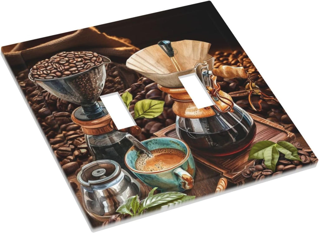 Decorative Light Switch Cover Plate Retro Coffee Maker Beans Cup 2 Gang Wall Plate Oversized Double Toggle Two Switch Wall Cover Plate Dual Device Faceplate