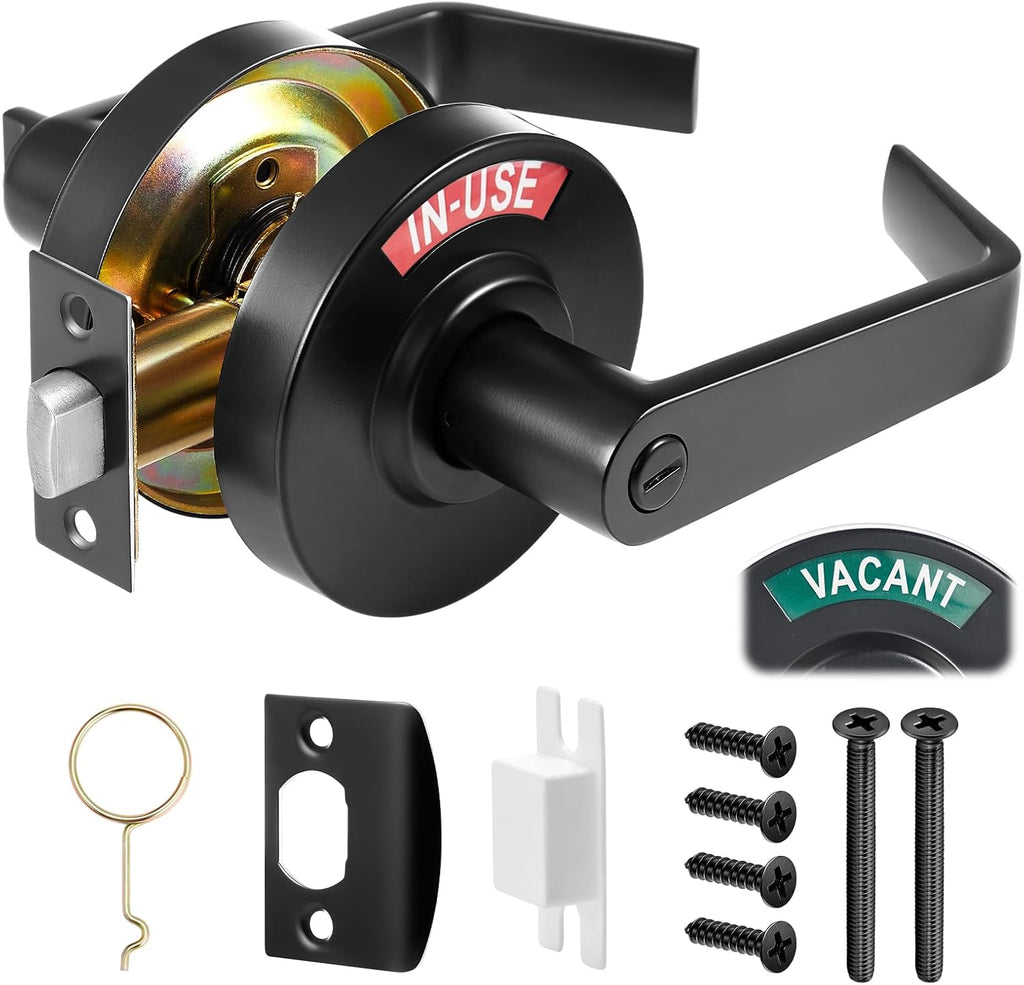 Tandefio 2 Set Vacant Occupied Bathroom Lock, Commercial Door Handle with in-use or Vacancy Occupied Deadbolt, Privacy Indicator Restroom Handle Lock for Restrooms, Satin Chrome (90 mm,Black)
