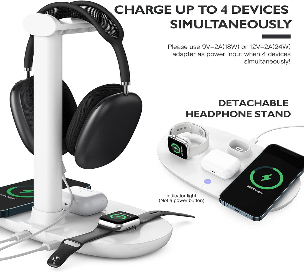 Headphone Stand with 15w Wireless Charger, Suguder 4 in 1 Charging Station Headset Holder for AirPods Max/Pro/4/3/2 iWatch 10/9/8/7/6/5/4/3/2/1/SE iPhone 17/16/15/14/13/12/11/X for Desktop Table Game