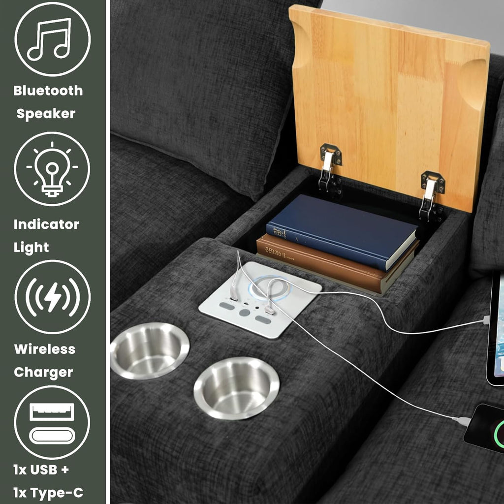 Brelice Modular Sofa Console with Wireless Charging & Bluetooth Speaker - All-in-One Armrest Organizer with Wired Charging, Storage Tray, Volume Control for Sectional Couch, Living Room