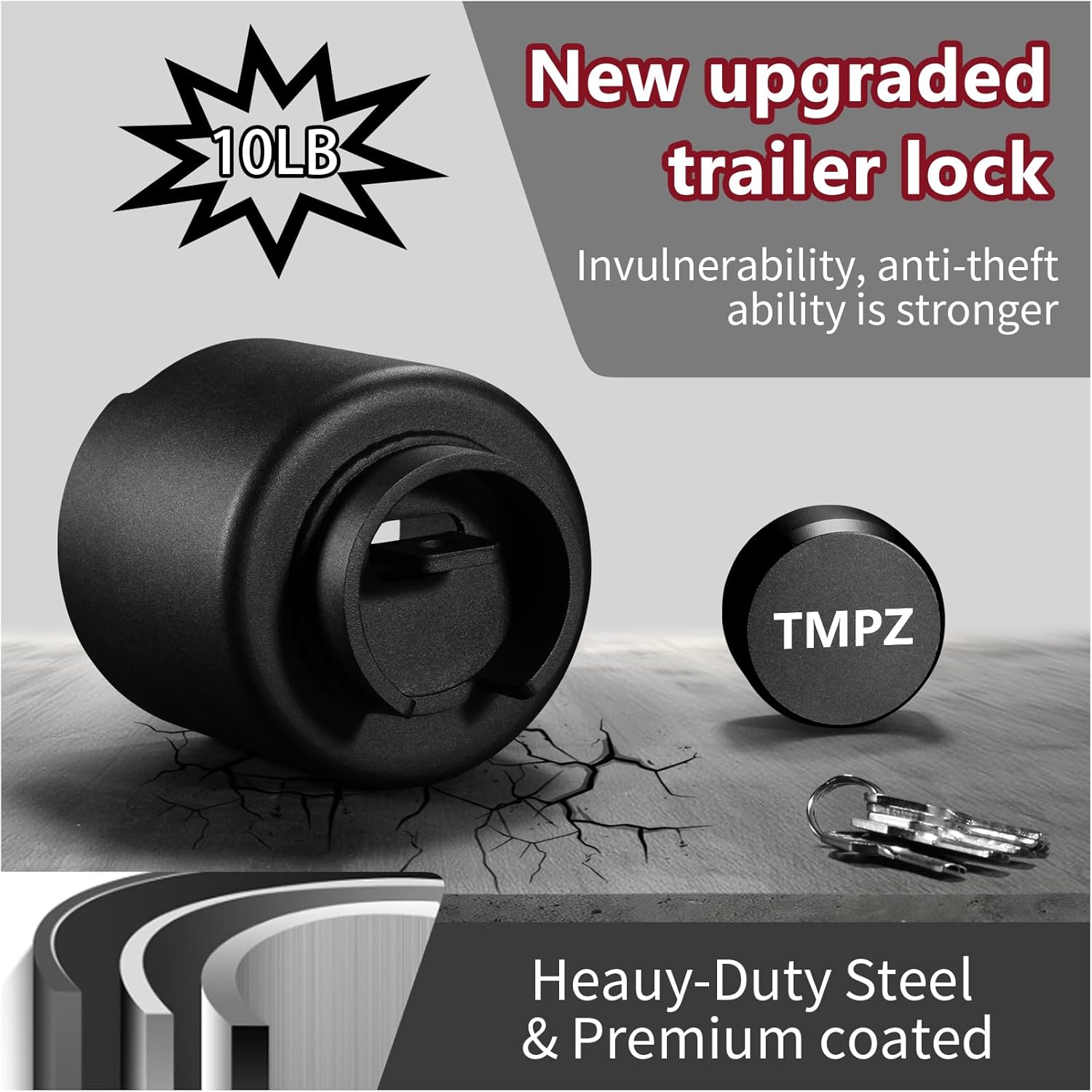 TMPZ Upgraded Heavy Duty Steel Trailer Hitch Lock for 2-5/16 Inch Couplers – Coupler Lock Secures Safety Chains, Anti-Theft Weatherproof Protection for RV, Boat, Camper & Utility Trailers (Black)