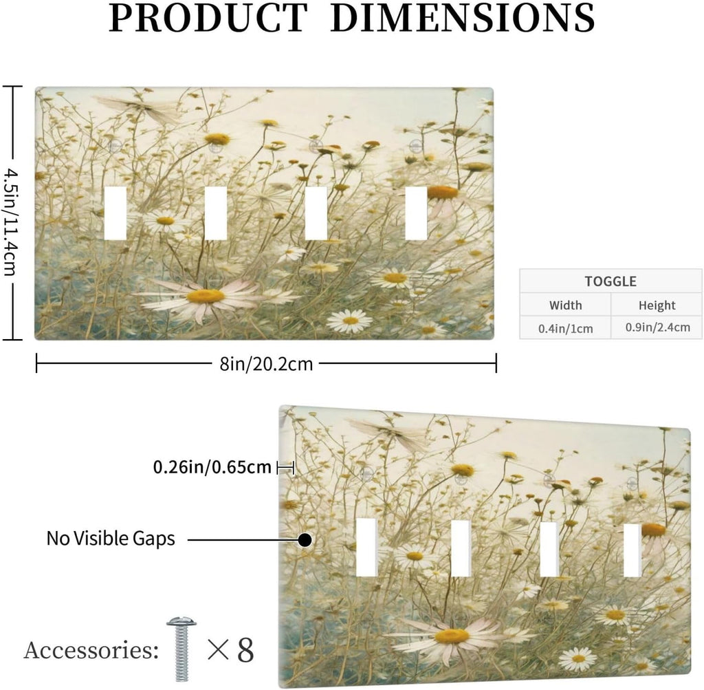 White Wildflowers Daisy Vintage Floral Light Switch Covers Quad Toggle Electrical Faceplate 4 Gang Wall Plate Decorative Switch Plates for Bed Room Living Room Decor