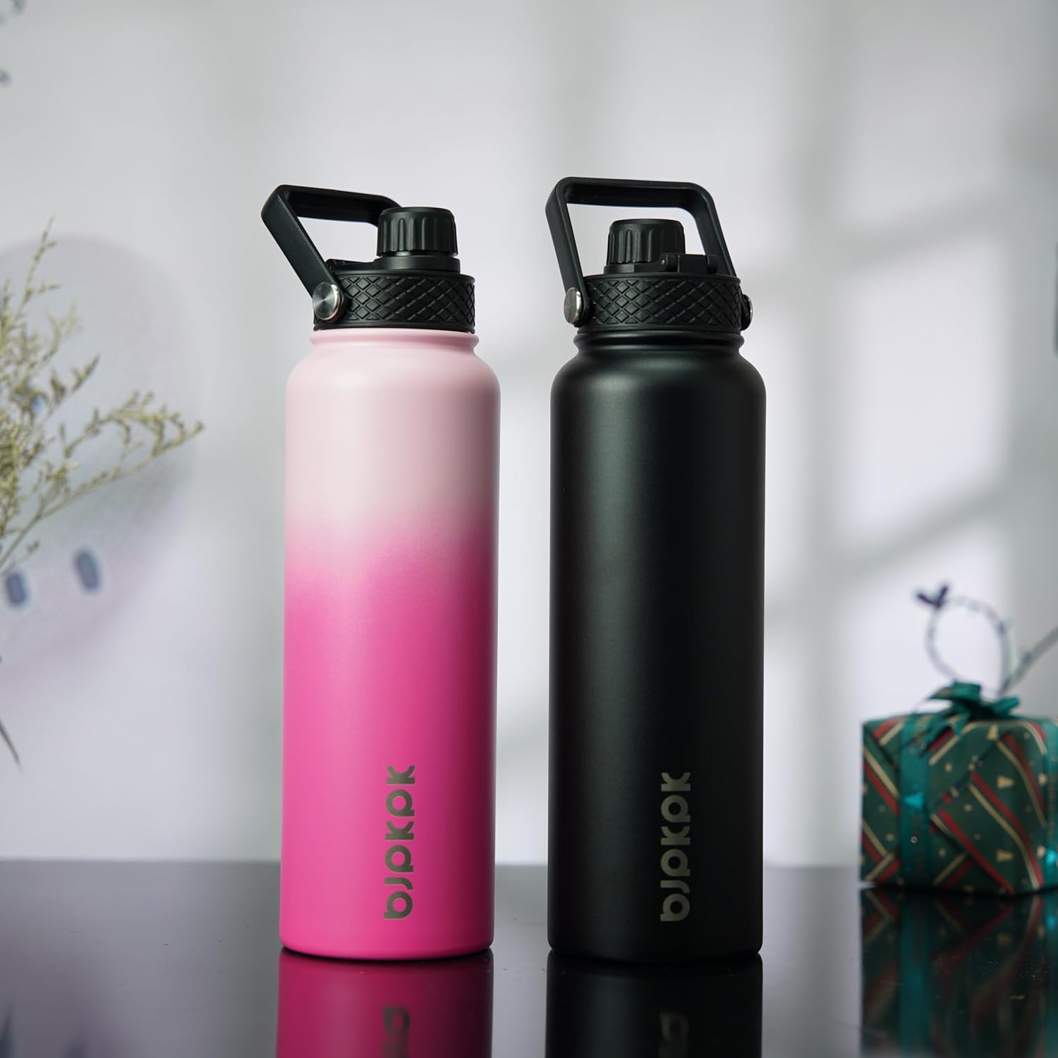 BJPKPK 2 Pack Insulated Water Bottles with Straw Lids, 40oz Stainless Steel Metal Water Bottle with 6 Lids, Leak Proof BPA Free Jugs, Cups, Flasks for Travel, Sports (Cherry+Black)