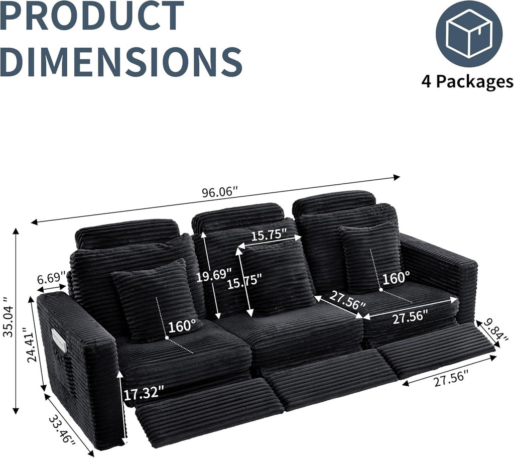 LEVNARY 3-Seater Modular Reclining Sofa, Faux Rabbit Fur Power Recliner Couch with 3 Electric Seats, 3 Pillows & Side Pockets, Adjustable Back & Footrest, Living Room Furniture (Black)