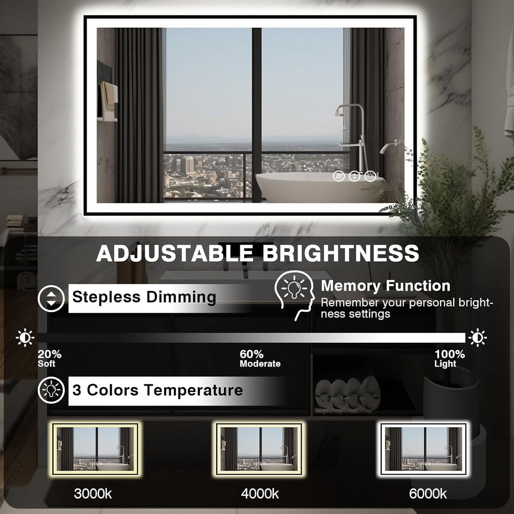 48x30 LED Bathroom Mirror - Black Aluminum Framed (Front and Backlit), Anti-Fog Lighted Vanity Mirror,Stepless 3 Colors Dimmable Lighted Smart Mirror(Horizontal/Vertical)