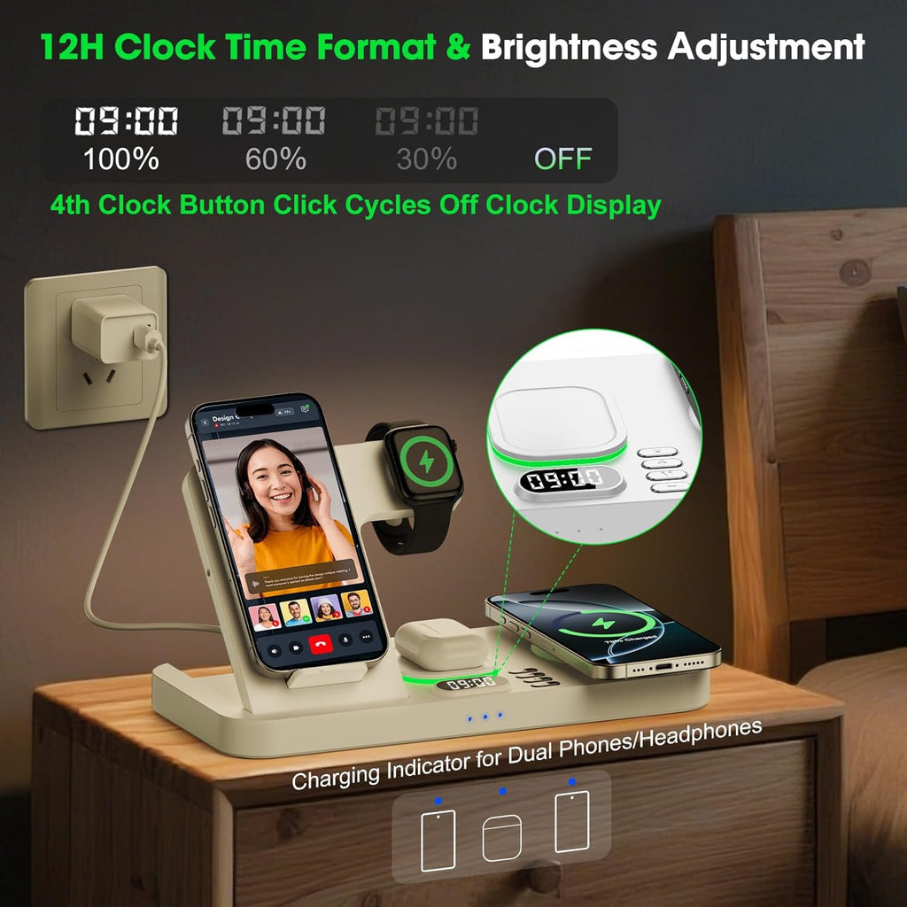 Dual Phone Wireless Charging Station for Apple Devices, Magnetic Charging Station for iPhone with Auto Switch 7-Color Light&Clock, Family Watch Charger for iPhone17 for iWatch11 for AirPods Pro3(Cream