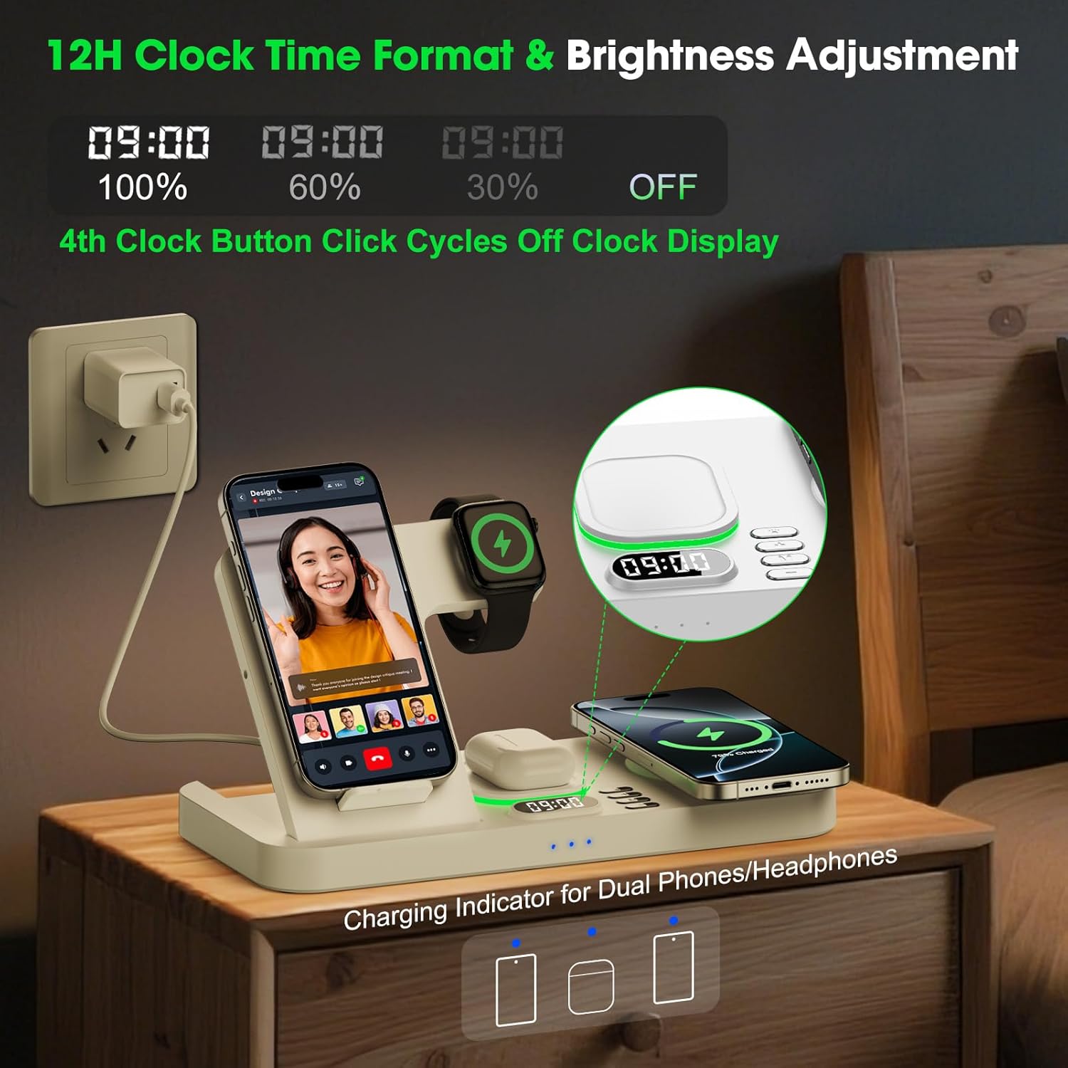 Dual Phone Wireless Charging Station for Apple Devices, Magnetic Charging Station for iPhone with Auto Switch 7-Color Light&Clock, Family Watch Charger for iPhone17 for iWatch11 for AirPods Pro3(Cream
