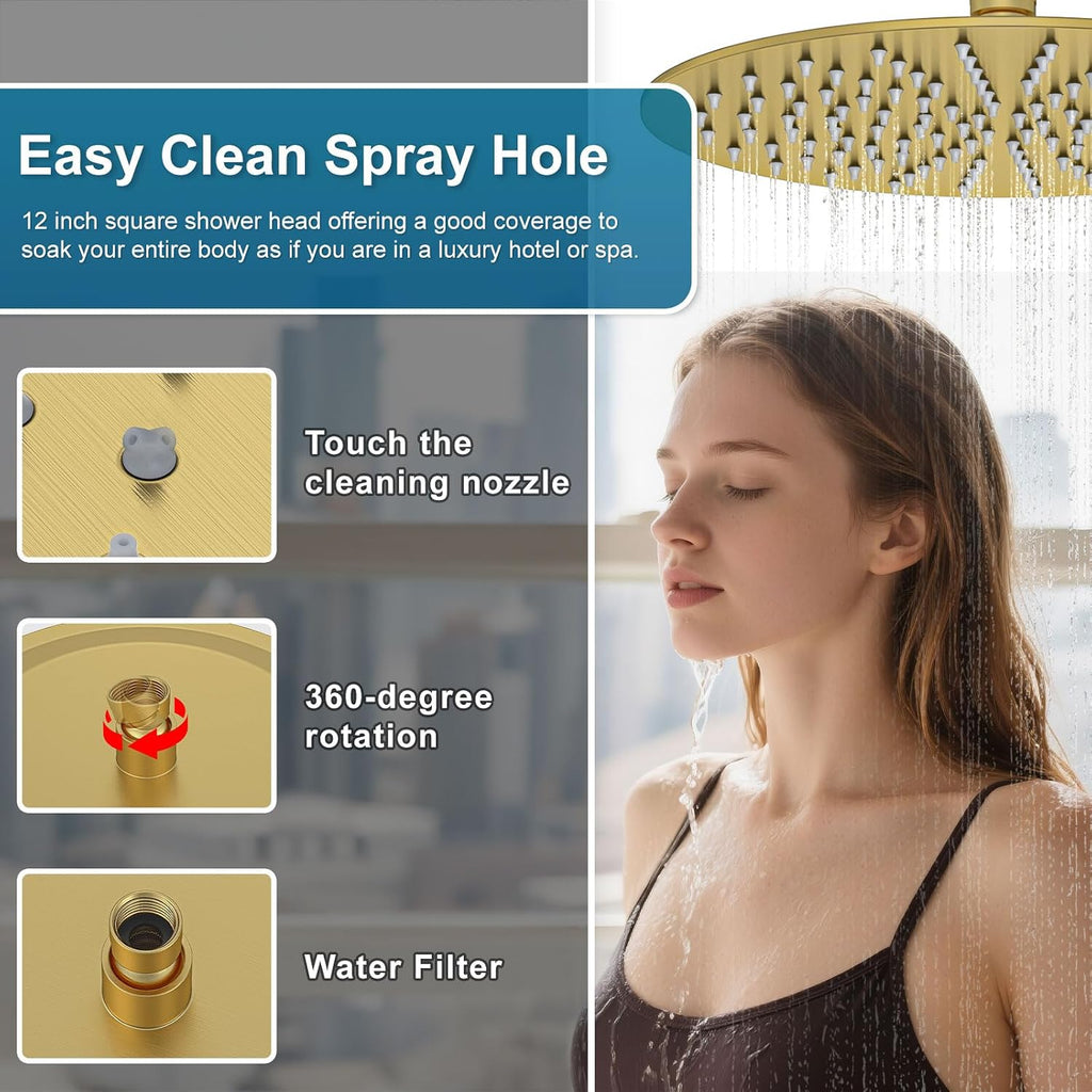 Shower System Shower Faucet Set Rainfall Shower Set with Valve 12+6" Dual Rain Shower Head with Handheld Ceiling Mount Wall Mount Shower Head Shower System, Brushed Gold