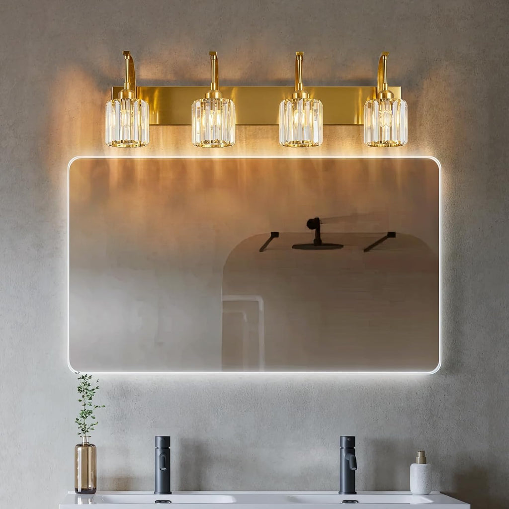 4-Light Crystal Vanity Light, Modern Gold Bathroom Wall Sconce with K9 Crystal Shades, 32.67" Long Over Mirror Lighting for Vanity, Makeup, Hallway, Elegant & Easy Install