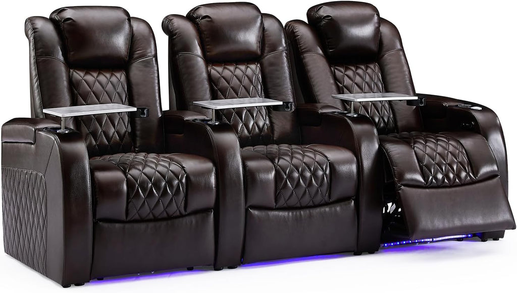 Weilianda Home Theater Seating Top Grain Leather Zero Gravity Recliner Chair Power Headrest Recline Movie Seat Gaming 7 Colors Mood Light Sofa with Tray Table USB Charge Row of 3 Brown