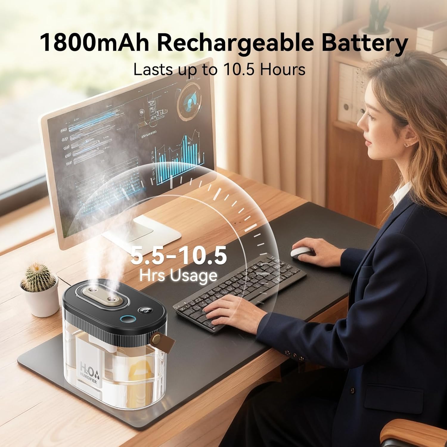 DIGIX Rechargeable Portable Humidifier-Smart Display,Night Light,Easy Clean,1.4L Small Humidifiers for Bedroom Baby, Personal Mini Humidifier for Travel Home Plants,3 Mist Modes, Auto Shut-Off (Black)