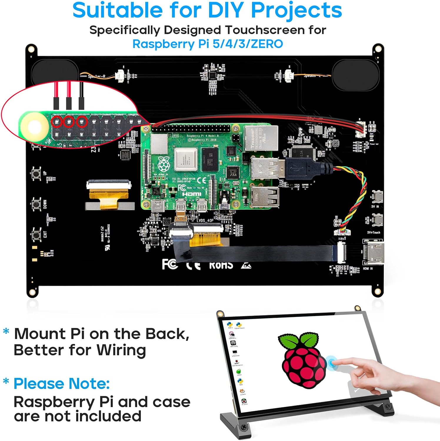 ROADOM Raspberry Pi Screen, 10.1’’ Touchscreen Monitor, IPS FHD 1024×600,Responsive and Smooth Touch,Dual Built-in Speakers,HDMI Input,Compatible with Raspberry Pi 5/4/3/Zero,Easy Assembly,Driver Free
