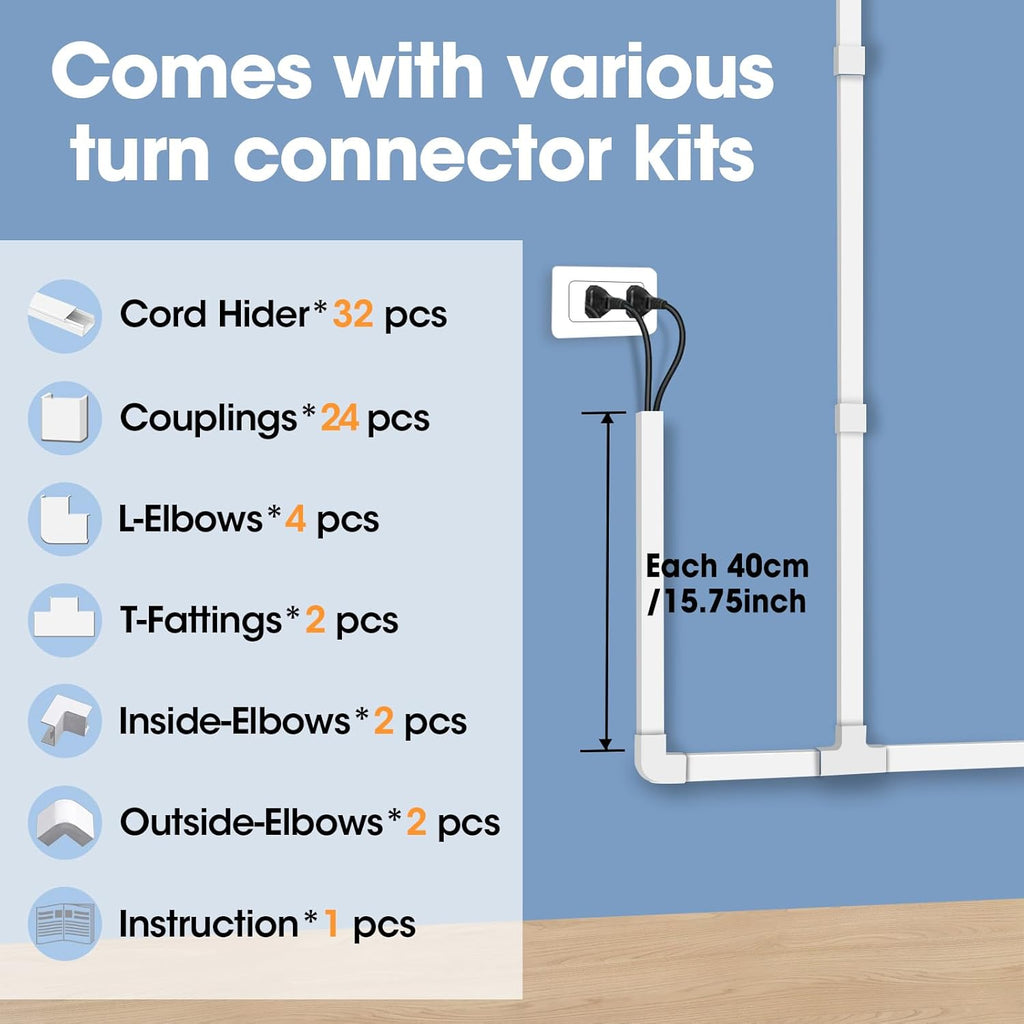 500in Cord Hider Kit, Cord Covers for Wires on Wall, Paintable Cable Raceway, Cord Hider for Wall Mount tv, tv Cable Hider Wall kit, Wire Covers for Cords, 32X L15.75 X W0.96in X H0.57in, White