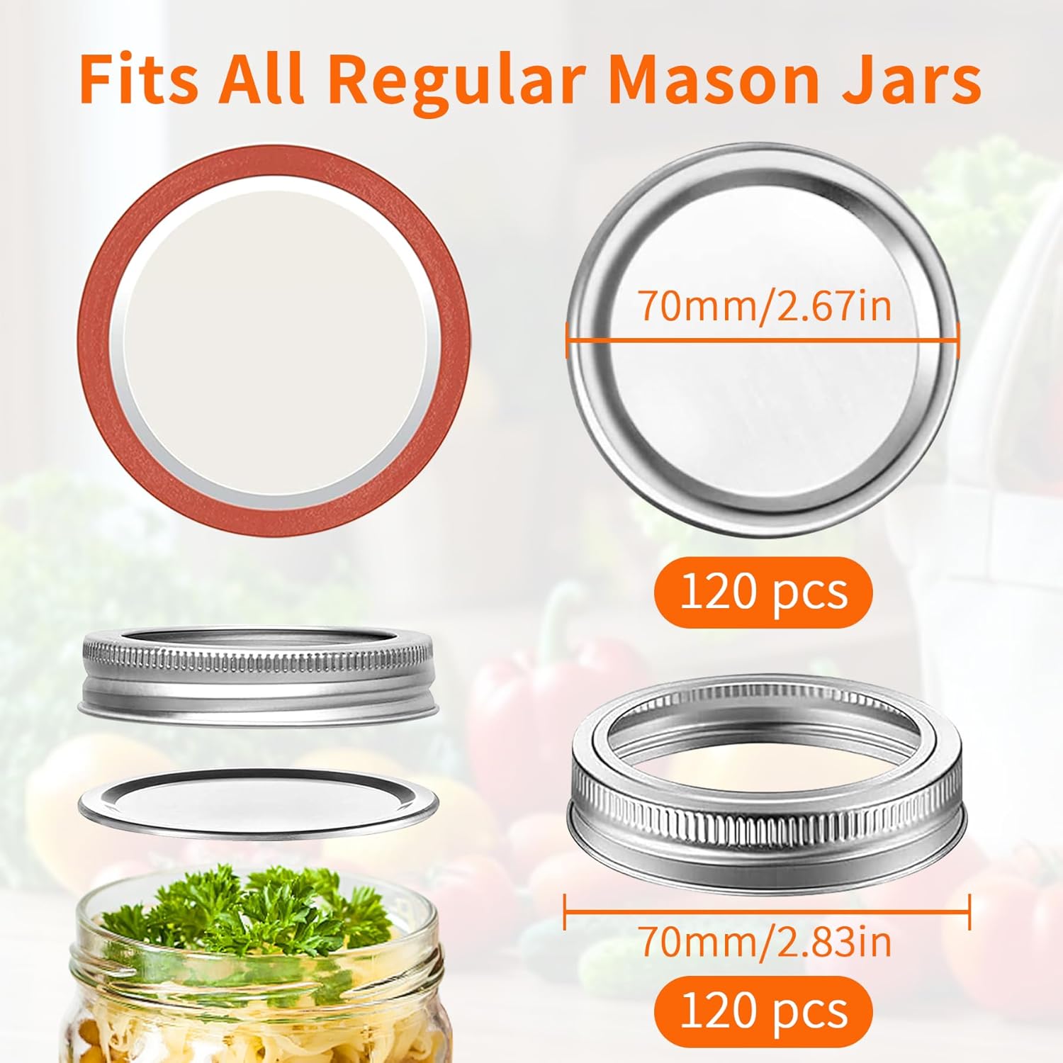 Aliggbent 120Pcs Regular Mouth Mason Jar Canning Lids and 120Pcs Bands Split-Type Jar Lids Canning Flats for Jars (Canning Jar Lids and Rings/70MM)
