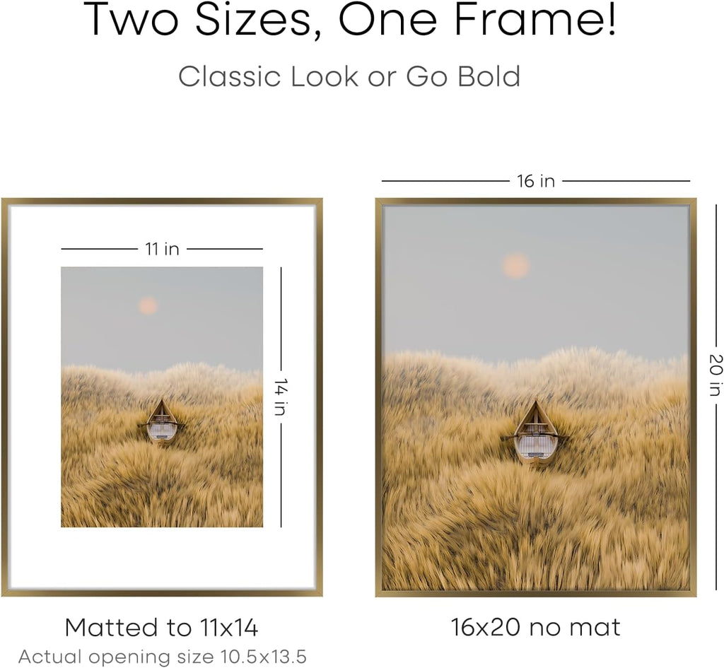 Homeforia Picture 16x20 Bronze Frame, High End Metal 16x20 Brass Poster Frames with Mat 11x14 for Photo, 16 x 20 Frame Matted to 11 by 14 Print, 20x16 Hanging Frames, Tempered Glass, Wall Kit, Set of 3