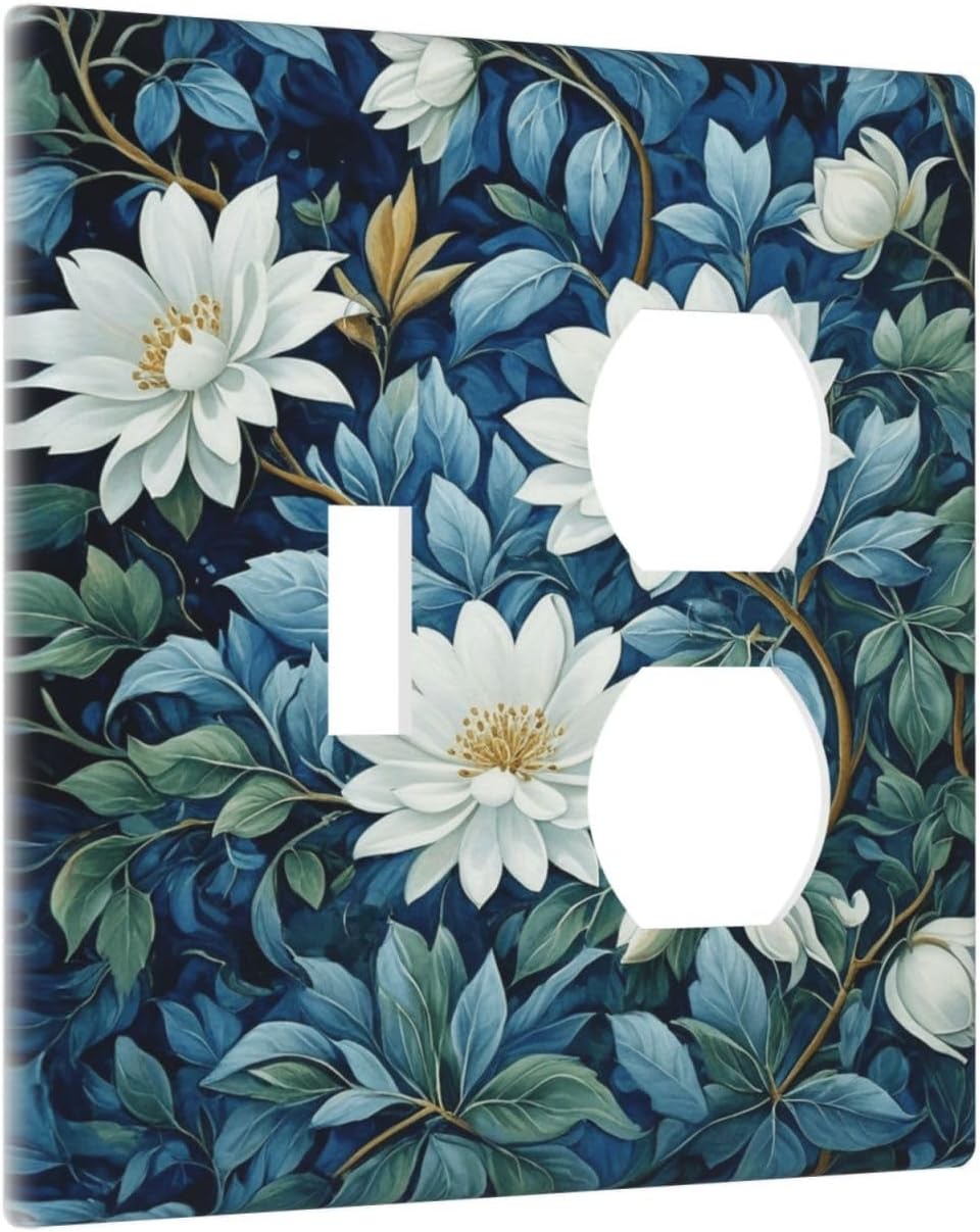 Decorative Outlet Covers Rustic White Floral Flowers Green Blue Leaves 2 Gang Wall Plate Single Toggle Duplex Light Switch Cover Switch Plate Covers Faceplate for Bedroom Home Decor