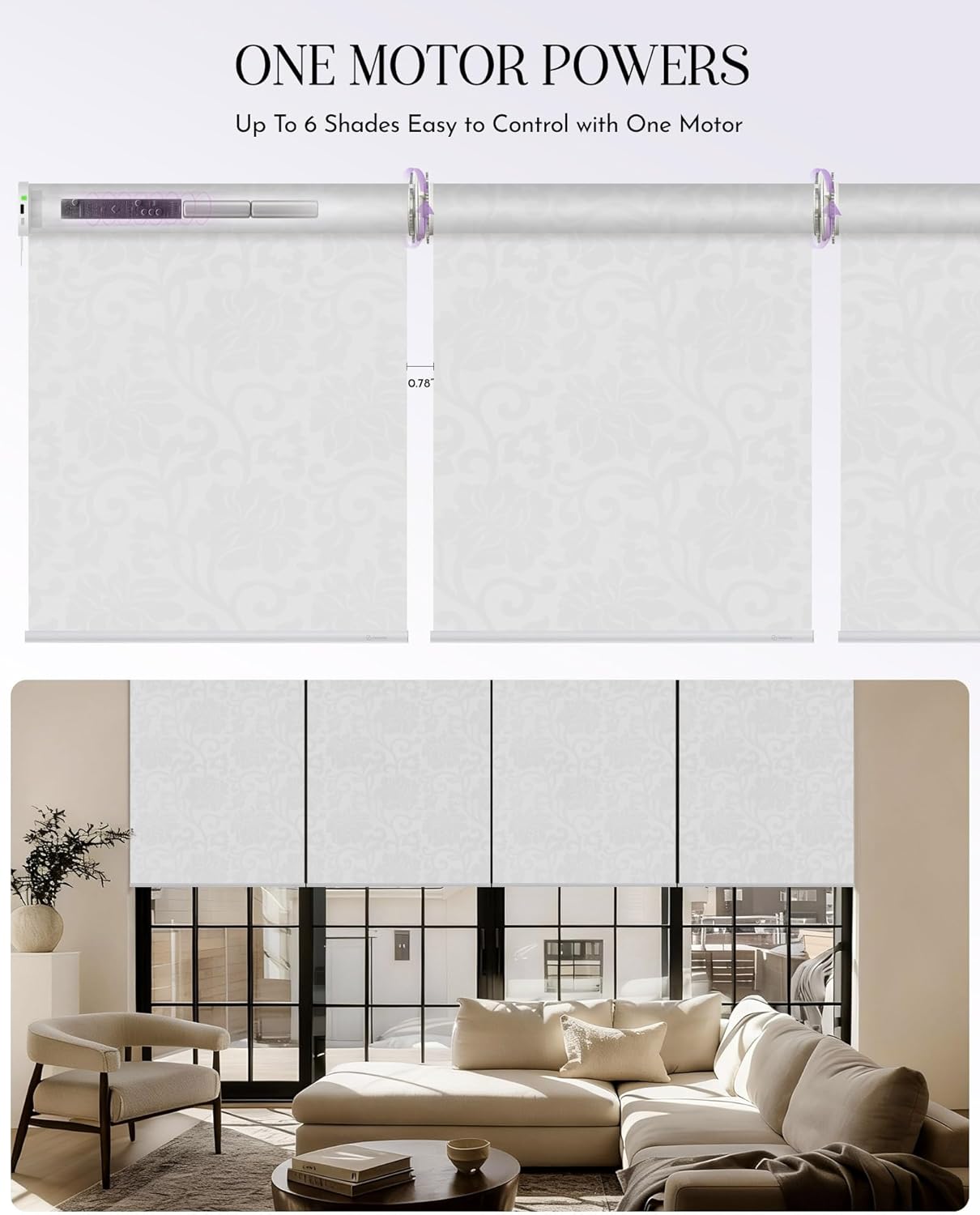 Graywind Smart Coupled Roller Shades Compatible with Alexa Google Custom Size Extra Large Motorized Blinds for Windows(Floral Jacquard White)