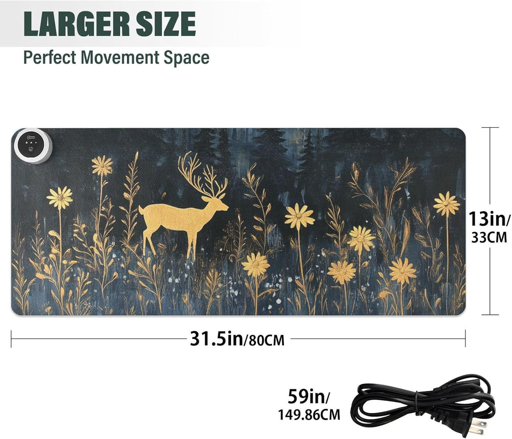 Heated Desk Pad Mouse Pad 31.5x13 Inch PU Leather Desk Mat with 3 Heat Levels Large Mouse Gaming Computer Laptop Mat Deer Blue Hat Flowers Black