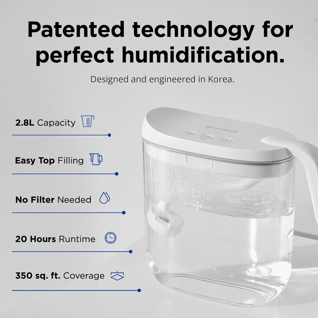 Carepod Mini 21P Ultrasonic Cool Mist Humidifier Whisper-Quiet Filter-Free Easy Clean - Only 3 Washable Parts to Clean, Auto Shut-off, 0.74gal 2.8l Tank, Nursery, Baby, Kids Bedrooms
