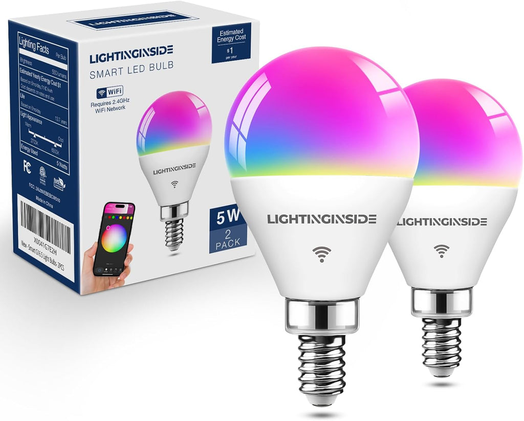 Lightinginside E12 Smart Light Bulbs 50W Equiv., G16.5 RGBCW Candelabra Chandelier Ceiling Fan Smart Bulb Works with Alexa/Google Home/Smart Life, 5W 550LM, 2.4G WiFi Bluetooth Bulb, ETL Listed, 2PCS