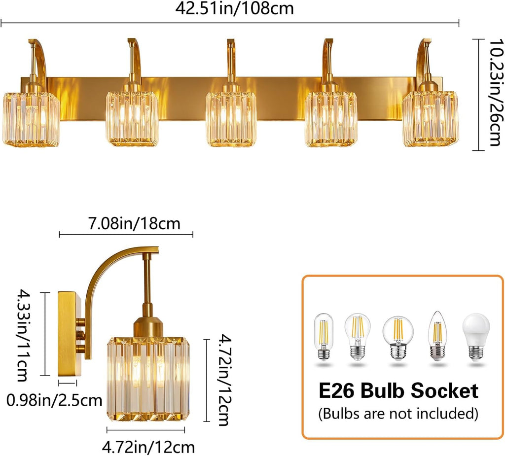 5-Light Crystal Vanity Light, Modern Gold Bathroom Wall Sconce with K9 Crystal Shades, 42.51" Long Over Mirror Lighting for Vanity, Makeup, Hallway, Elegant & Easy Installation