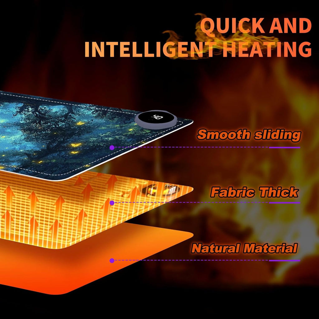 Heated Mouse Pad 31.5x13 in 3-Temp Fast Heating Desk Mat with Auto Timer Warmer for Hands Wrist Pain Relief Waterproof Keyboard Mat for Office, Gaming, Home, Enchanted Forest Glow
