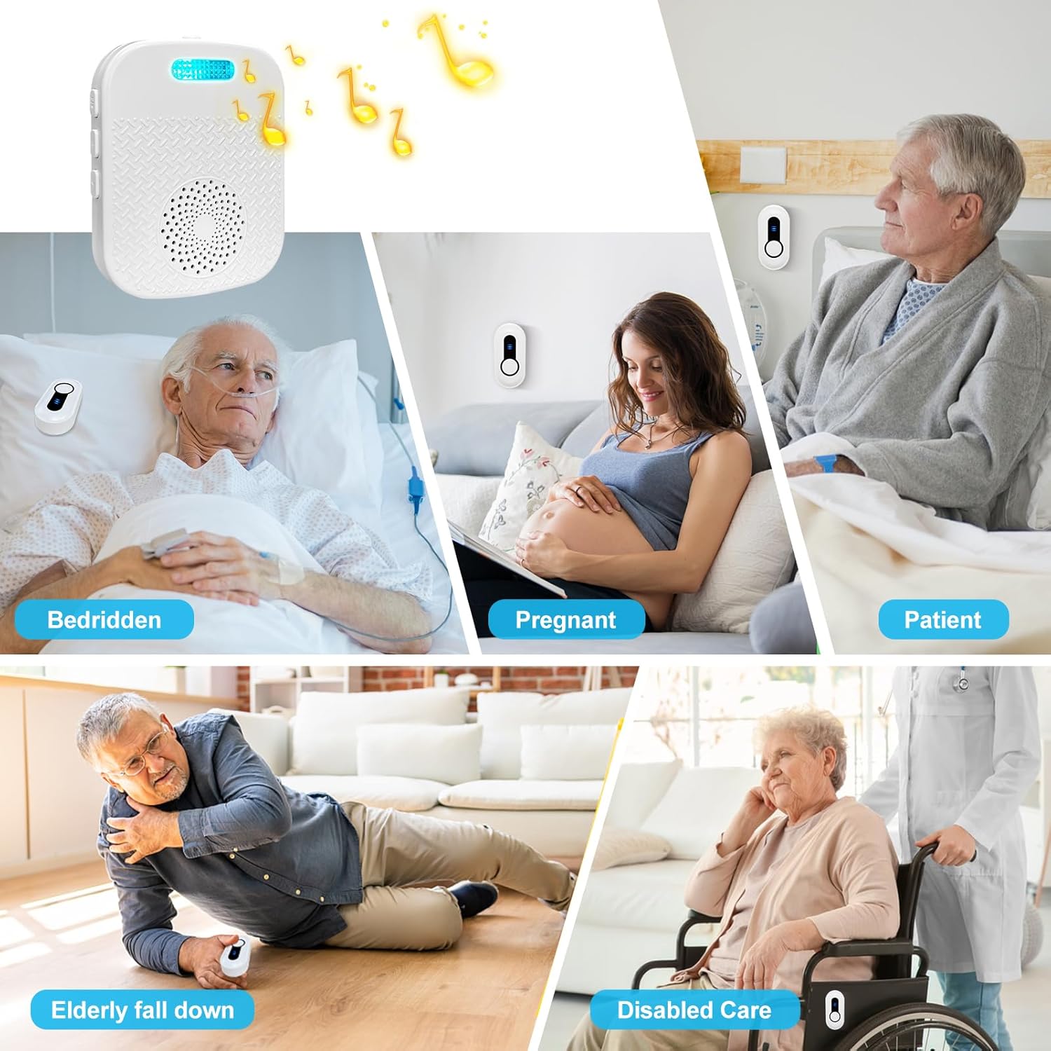 Wireless Caregiver Pager Call Button Nurse Call System Rechargeable & Portable Receiver with 328Ft Range for Elderly/Patient/Disabled at Home/Hospital (1Receiver &1 Emergency Button