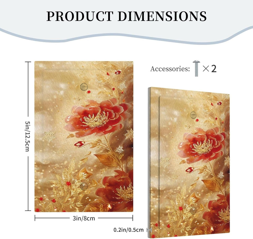 Decorative Light Switch Cover Plate Golden Leaf Red Peony Flowers Floral 1 Gang No Device Single Blank Outlet Covers Wall Plate Cover Switchplate Electrical Faceplate