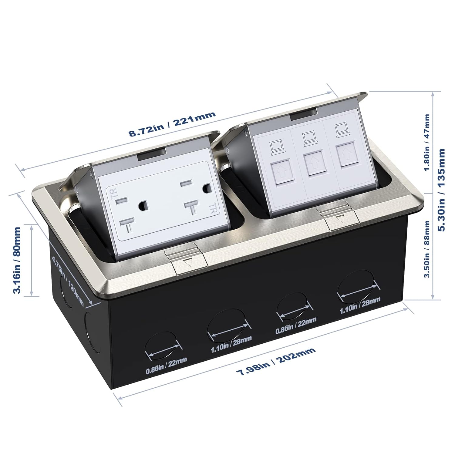 KYHSHJ Dual Pop-Up Floor Electrical Outlet Box Kit，20 Amp Stainless Steel TR Tamper-Resistant Duplex Receptacle Outlet，3-Port RJ45 Datacom Receptacle，ETL Listed,Stainless Steel Color