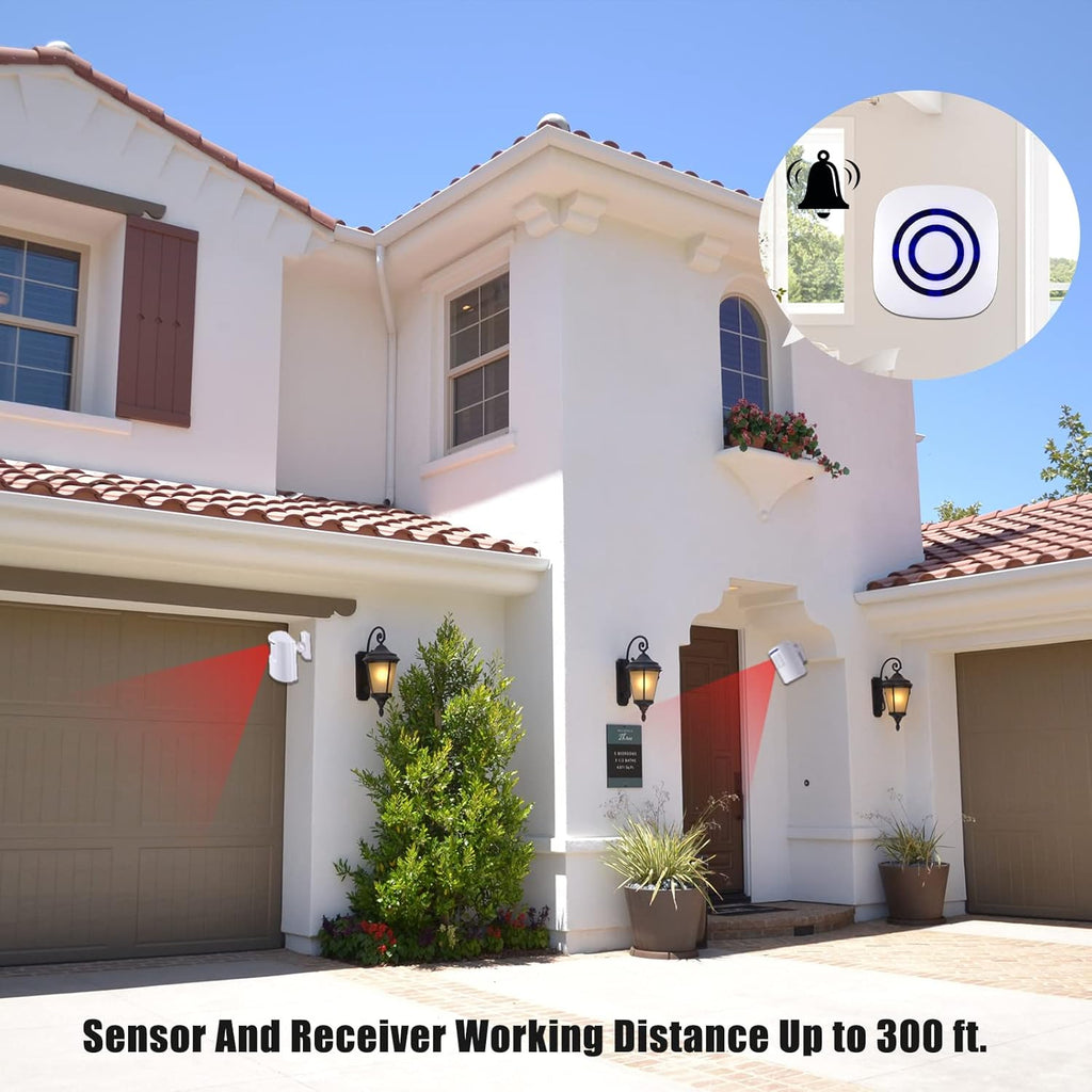 Motion Sensor Alarm, Long Range Wireless Driveway Alarm, Indoor Home Security System Electric Doorbells, 2 Motion Detector and 1 Alarm, 38 Chime Tunes, LED Indicator