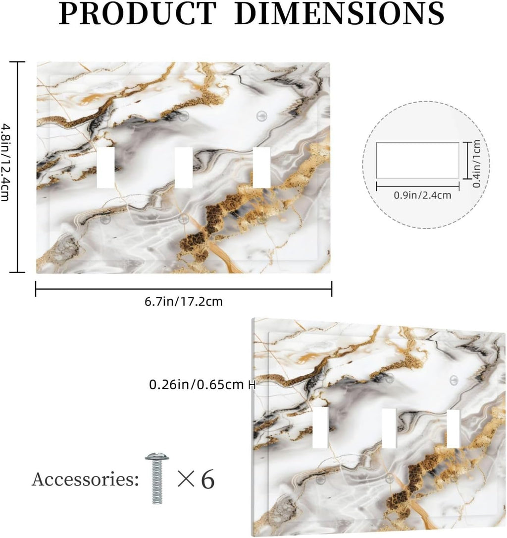 Luxurious Marble Abstract White Gold Tile Modern Simplicity Decorative Switch Plates 3 Gang Wall Plate Triple Toggle Light Switch Cover Faceplate Electrical Wall Panels for Bathroom Kitchen Decor