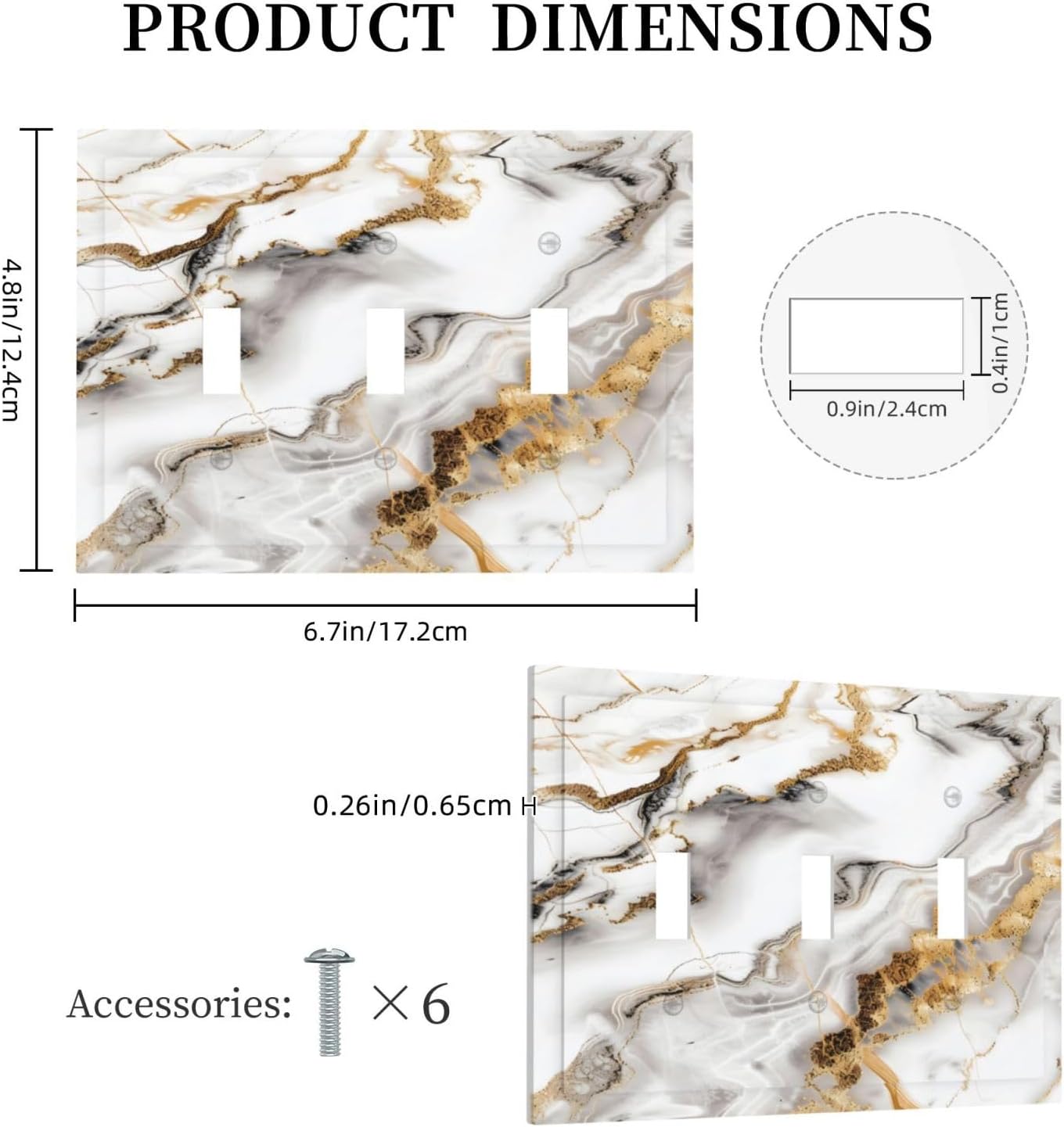 Luxurious Marble Abstract White Gold Tile Modern Simplicity Decorative Switch Plates 3 Gang Wall Plate Triple Toggle Light Switch Cover Faceplate Electrical Wall Panels for Bathroom Kitchen Decor