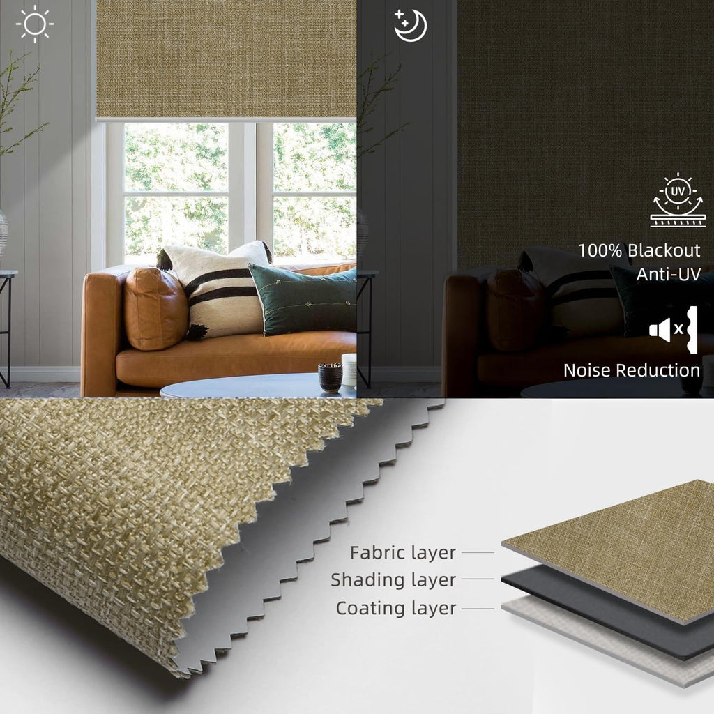 SmartWings Motorized Roller Shades Work with Homekit, 100% Blackout Smart Blinds for Windows, Cordless Remote Control Window Shades, Vigor Wheat, Customized Size