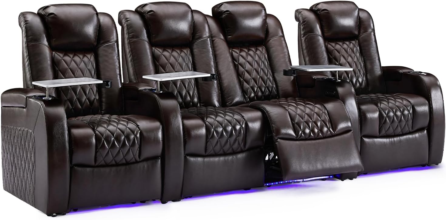 Weilianda Home Theater Seating Top Grain Leather Zero Gravity Recliner Chair Power Headrest Recline Movie Seat Gaming 7 Colors Mood Light Sofa with Tray Table USB Charge Row of 4 Loveseat Middle Brown