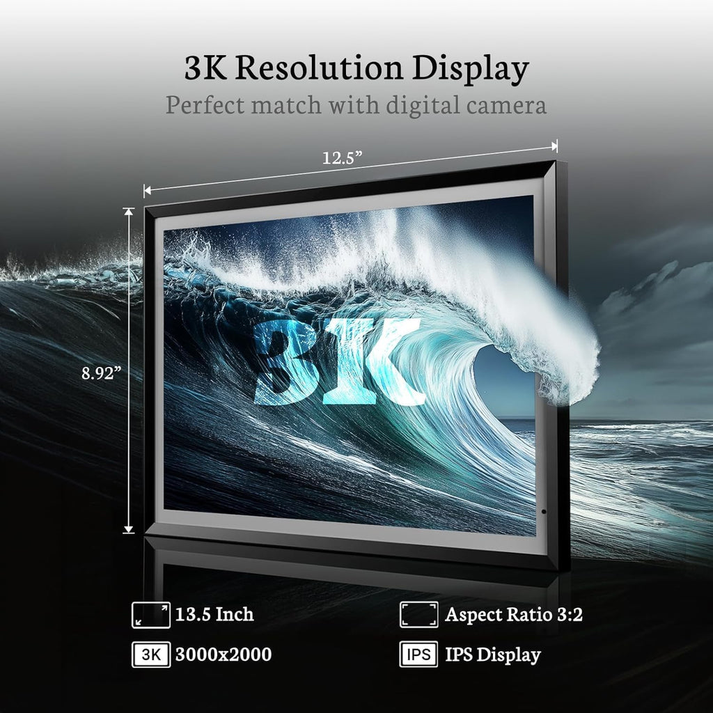 BSIMB 13.5 Inch Digital Picture Frame, 3K Resolution Ultimate Clarity Touch Screen Large WiFi Electronic Photo Frame Display 32GB, Share Pictures/Videos via App/USB/SD Easy Setup Gifts for Mom, Black