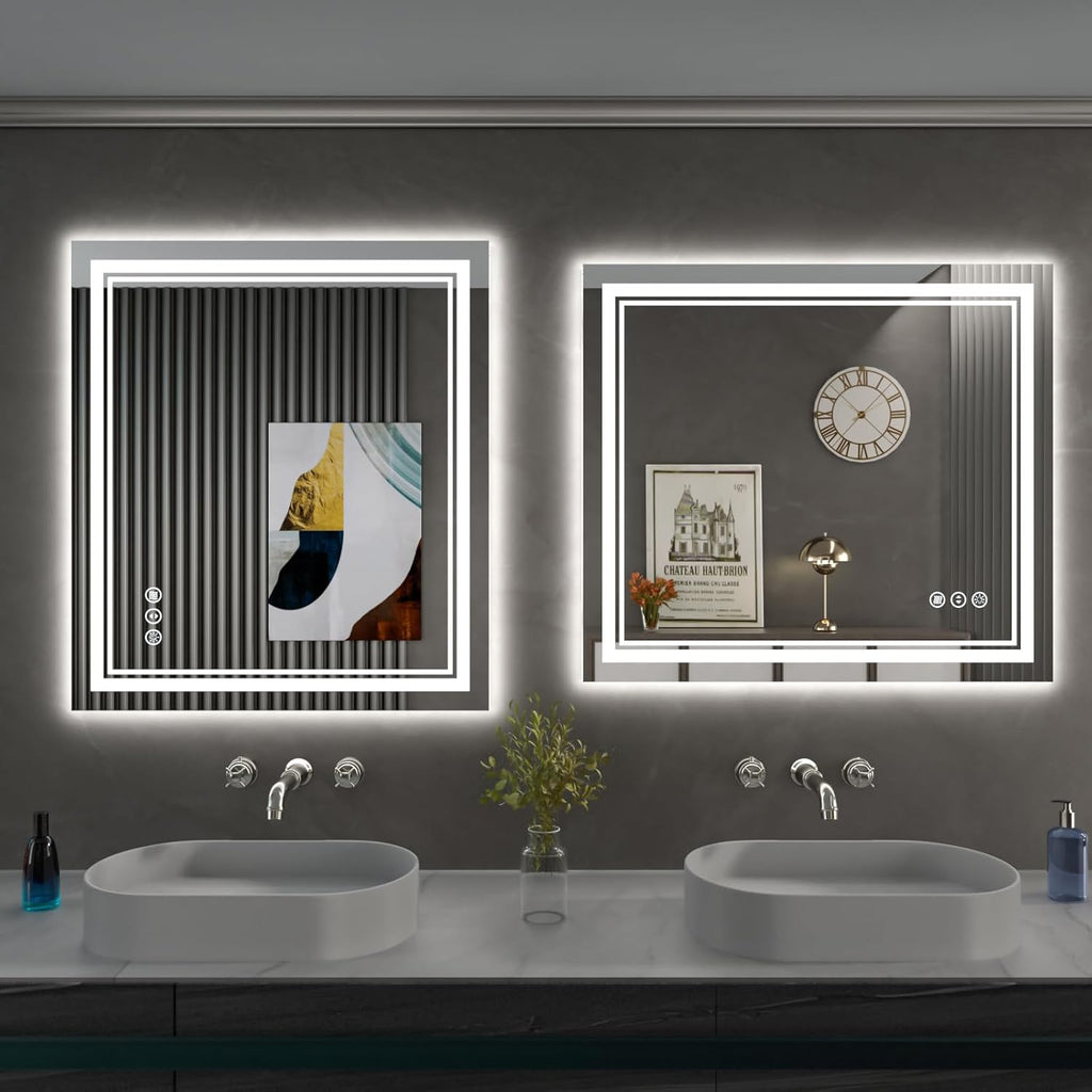 40 x 38 Inch LED Bathroom Mirror, Front Light and Backlit Anti-Fog Dimmable Memory Lighted Vanity Mirror, Shatterproof Wall-Mounted Led Mirror for Bathroom