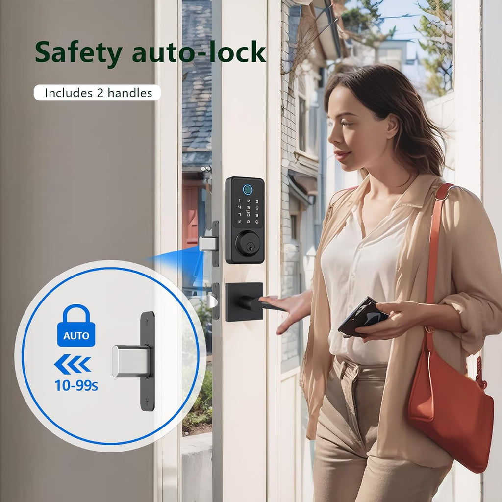 Smart Door Lock Set, Fingerprint Door Lock with Lever Handle, Black Keyless Entry Lock with App, Keypad Deadbolt for Home