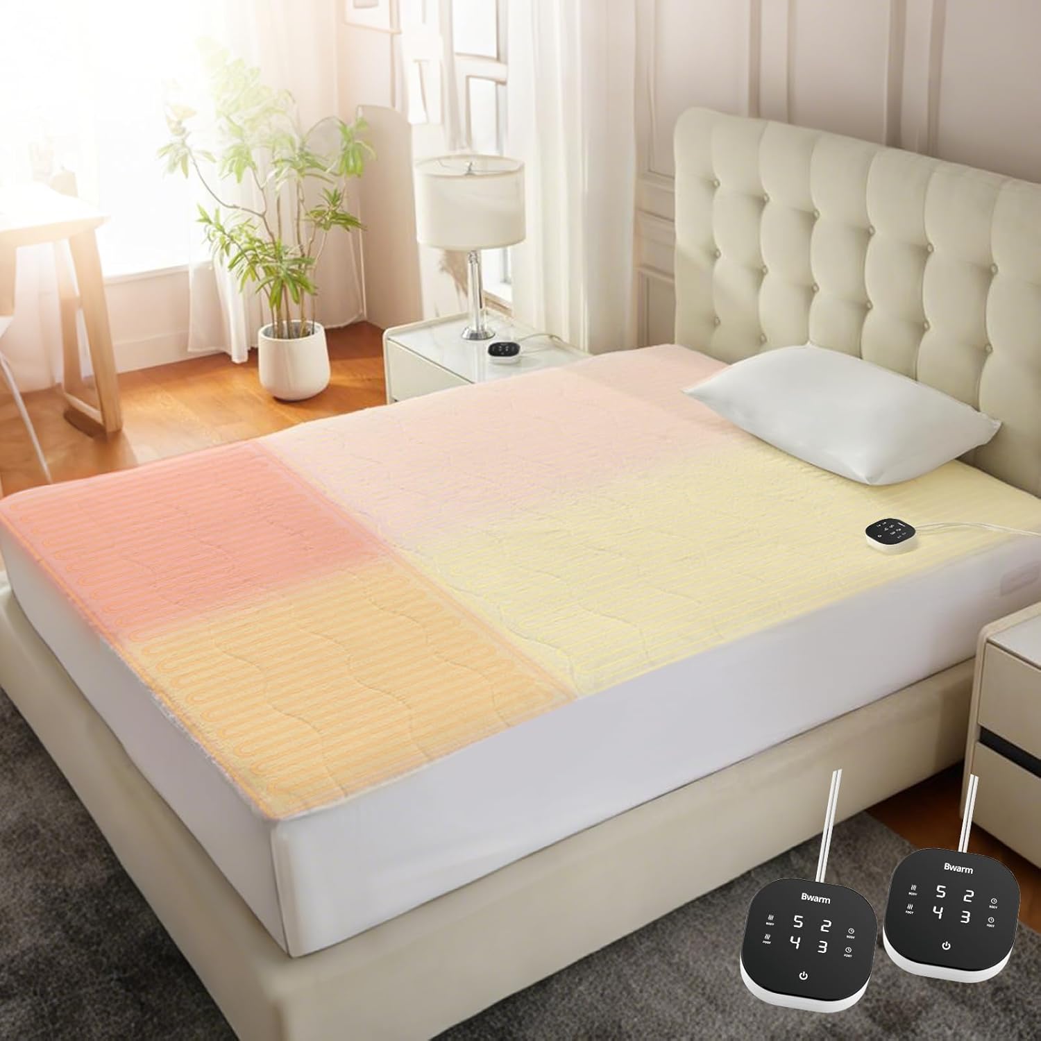 Bwarm Multizone Heated Mattress Pad King, Electric Mattress Pad Sherpa Fleece Bed Warmer with 9 Heat Settings, 1-12 Hours Auto Off Deep Pocket, Machine Washable, Wave White King 78" x 80"