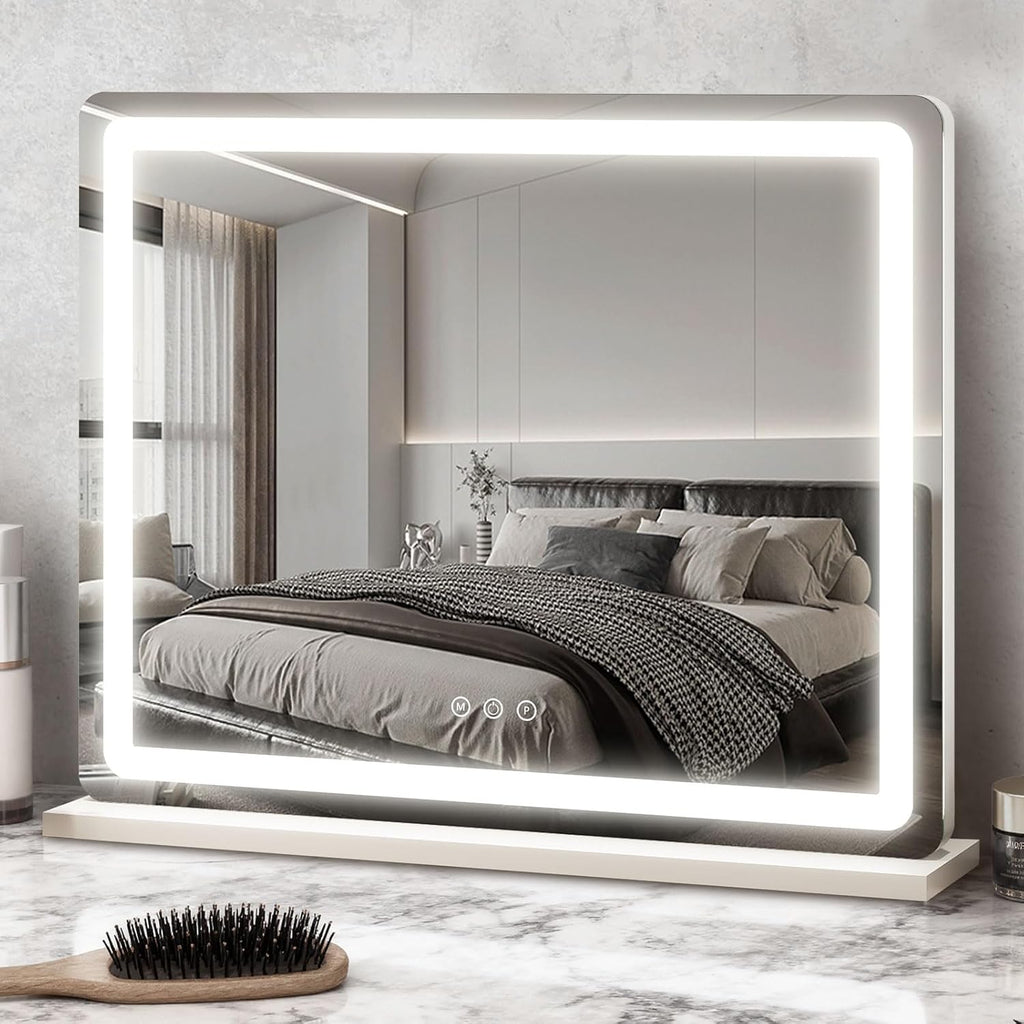 ROLOVE 23x18 Inch Vanity Mirror with Lights, 3-Color Modes, Dimmable LED Mirror with Touch Control - Large Makeup Mirror for Dressing Room (Wall/Tabletop Mount)
